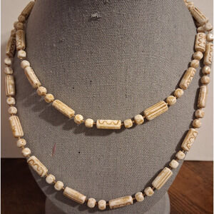Vintage White Brown Beaded Boho Necklace Long Layered Carved Ethnic 46 inch